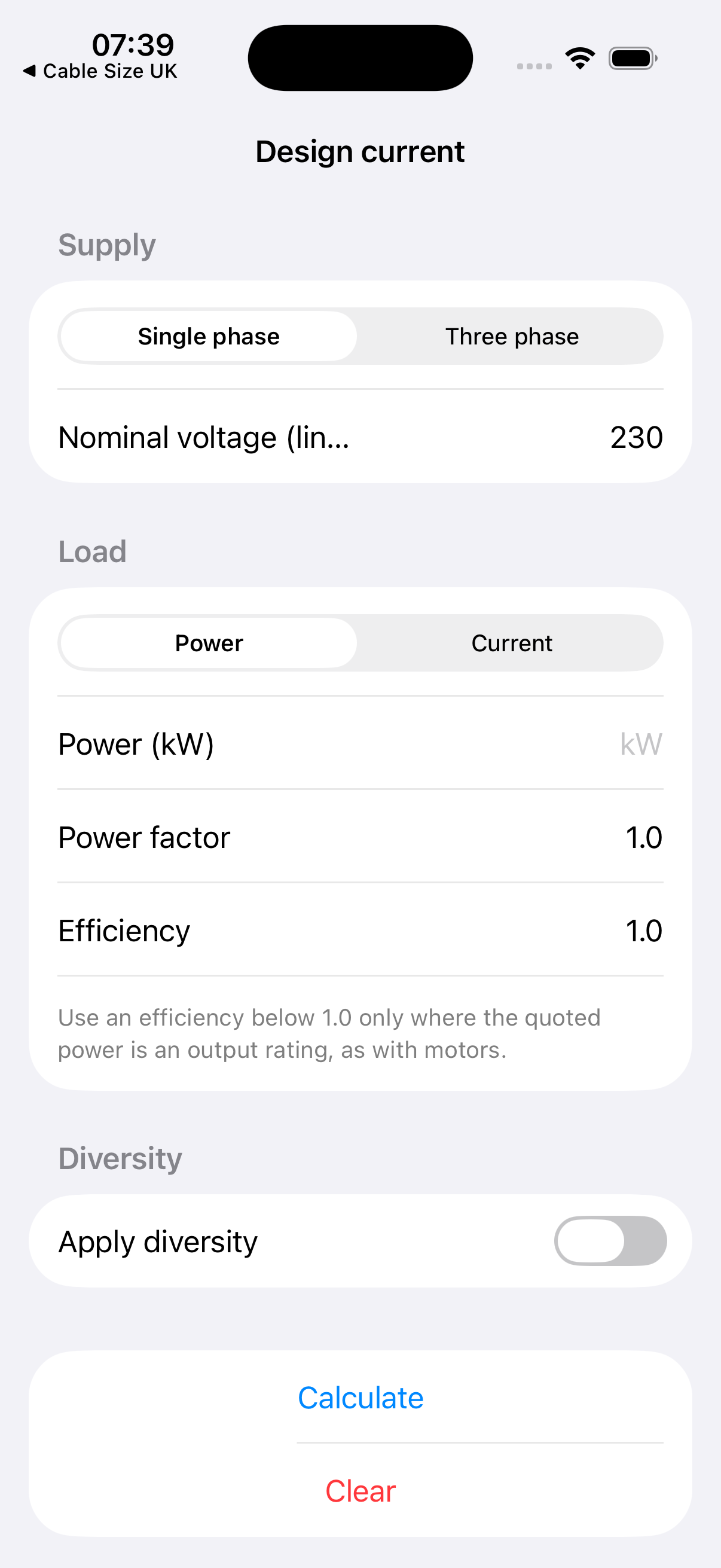 Design current entry screen: supply, load, power factor and diversity inputs
