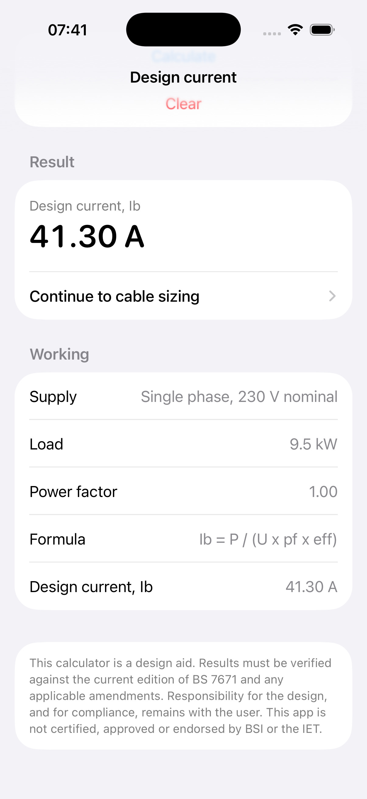 Result screen: design current 41.30 A with every step of the working listed
